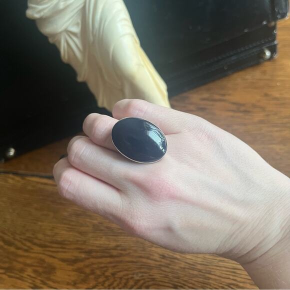Vintage Large Oval DARK Blue Chunky Cabochon 925 Sterling Silver MEXICO Ring - Picture 3 of 16